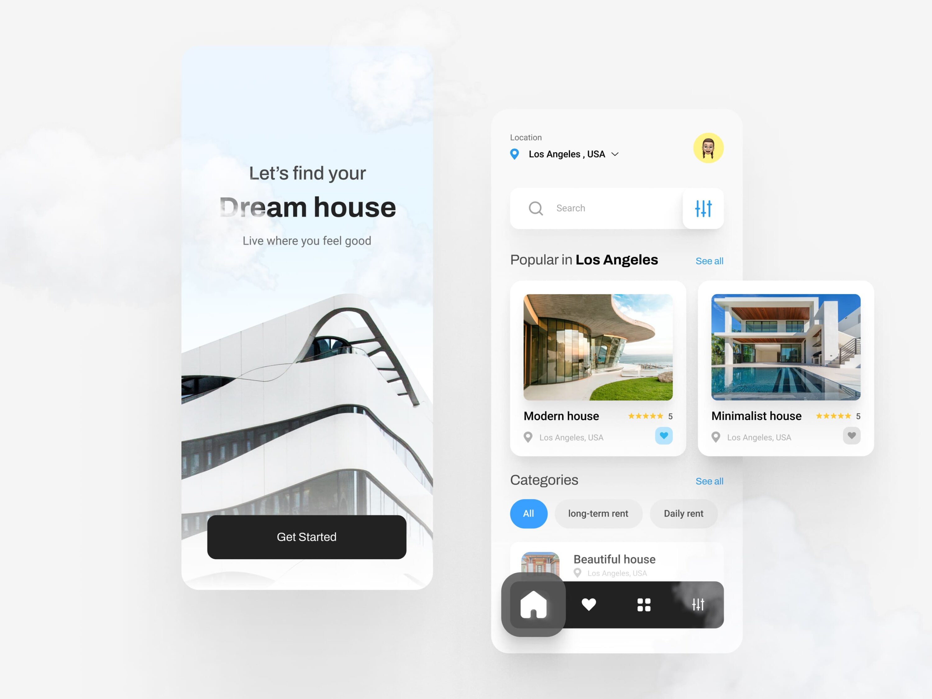 Rent House App UI Kit - modern house in light colors.