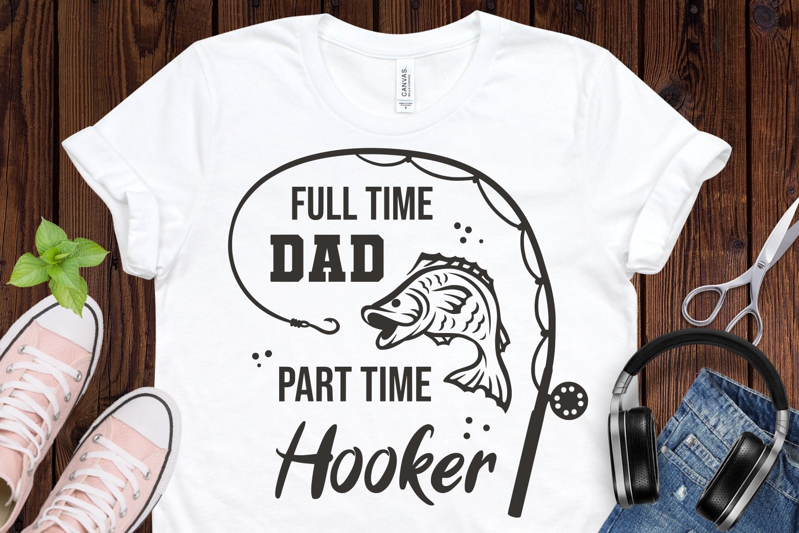 Classic white t-shirt with fish illustration and phrase.
