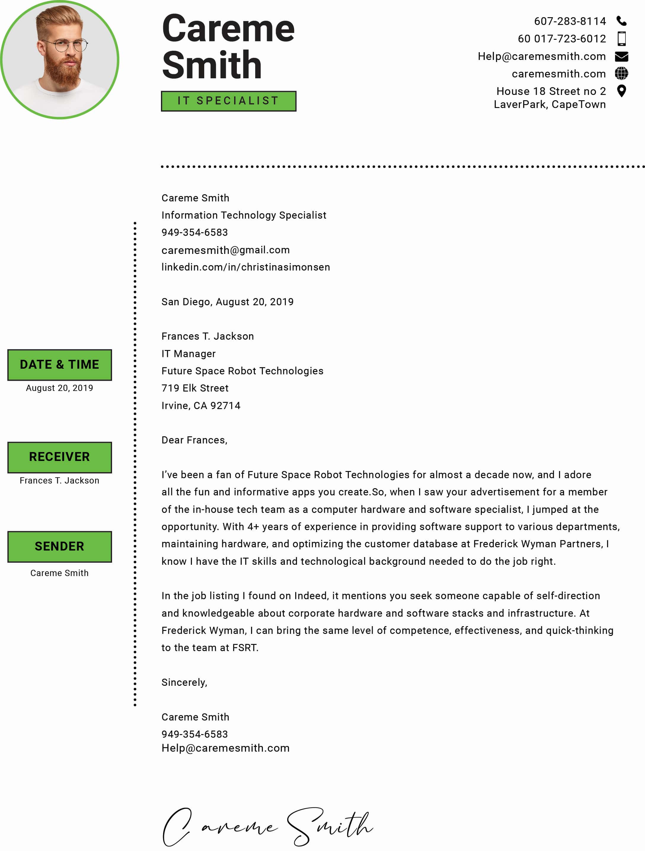 Green and white cover letter for a resume.