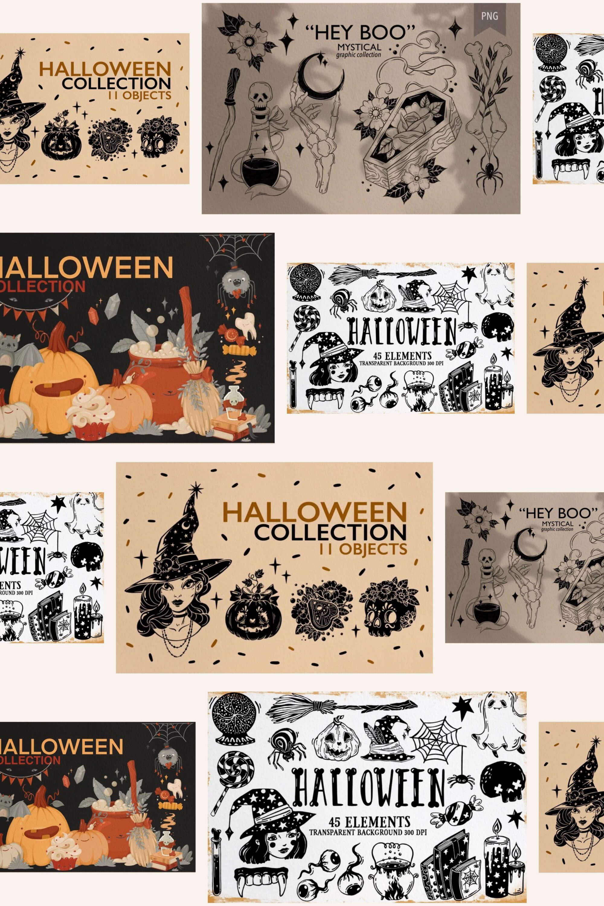 Black Halloween illustrations for happy holiday.