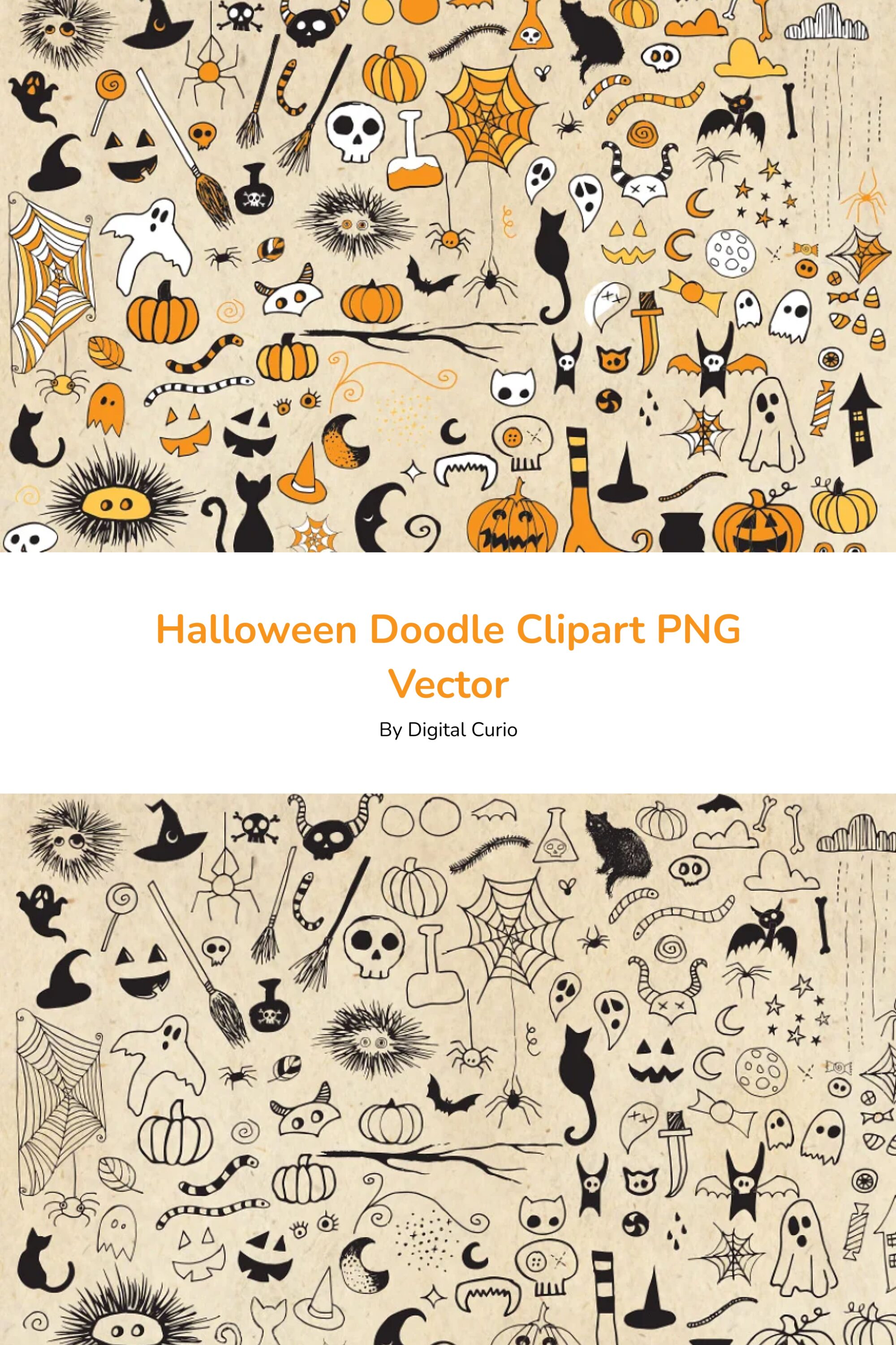 Beige background with many Halloween elements.