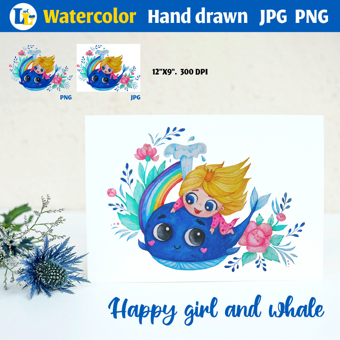 Watercolor Illustration Cute Girl and Whale previews image.