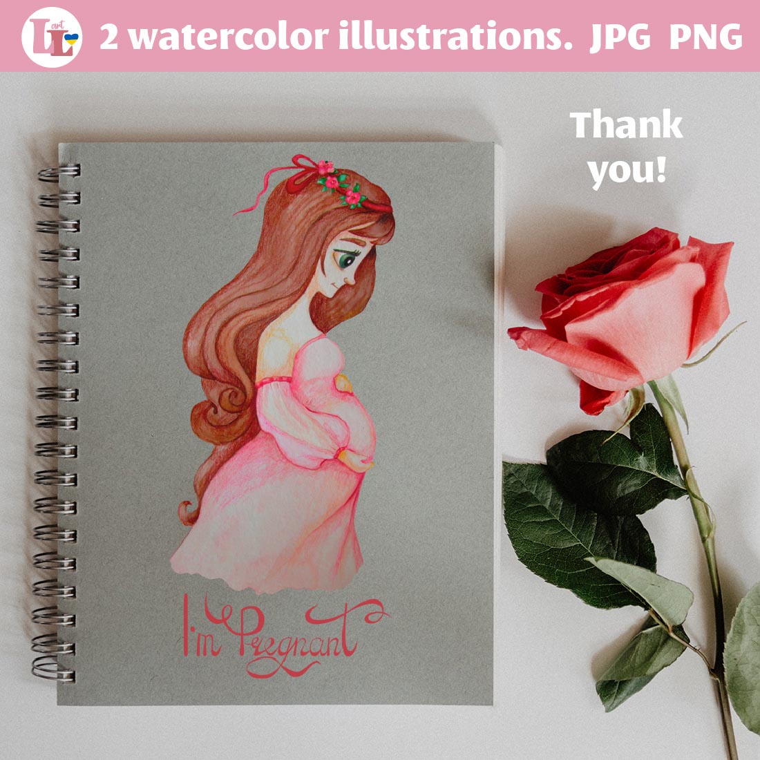 Watercolor Illustration Happy Pregnant Girl notepad.