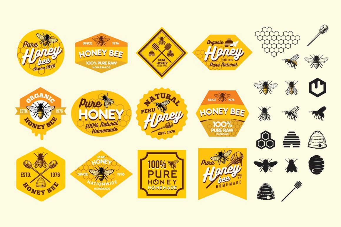Vintage logos in yellow.