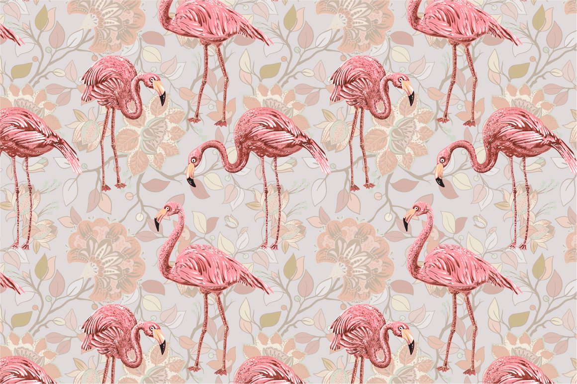 Deep purple background with pink flamingos.