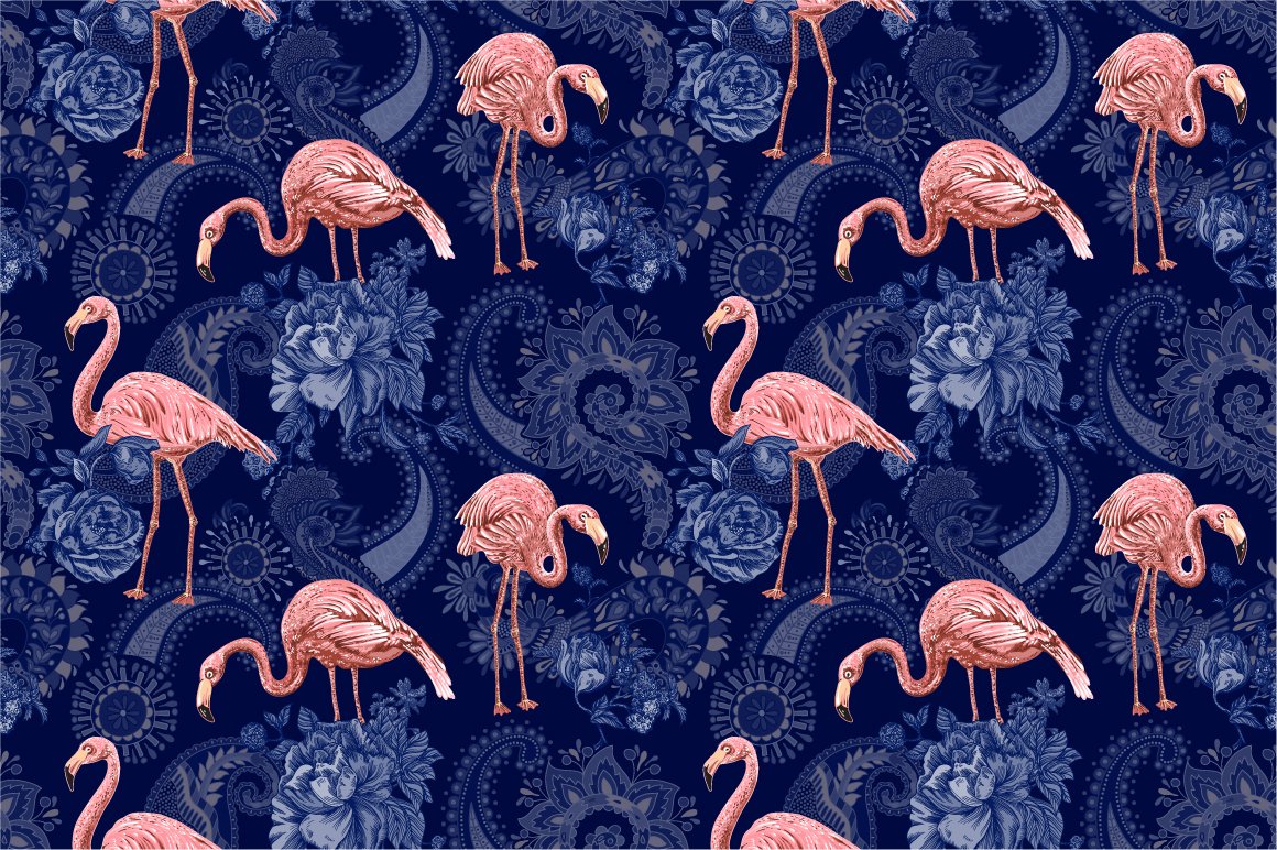 Green background with ornaments and flamingos.
