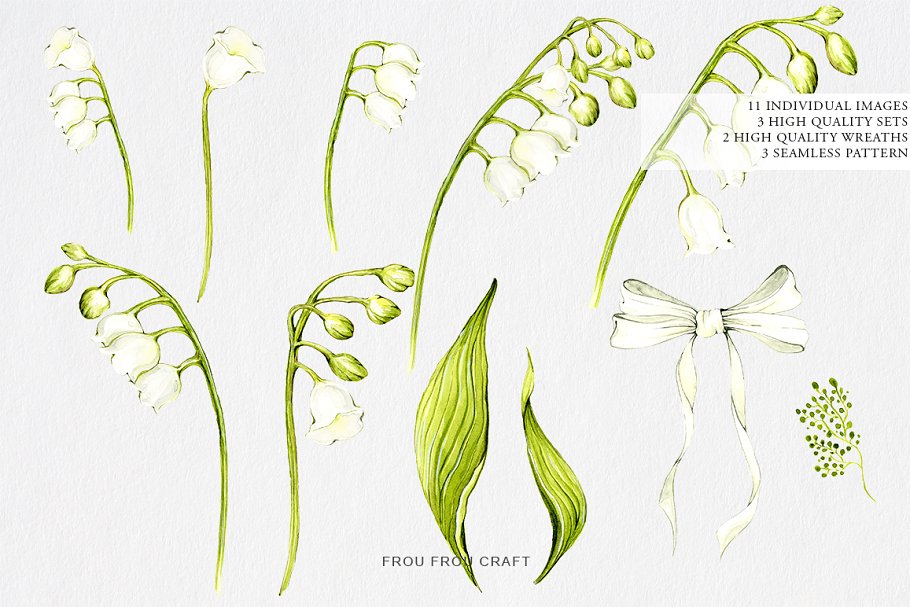 Tender and fresh watercolour clip art lily of the valley with soft white flowers will help you to create you new designs.