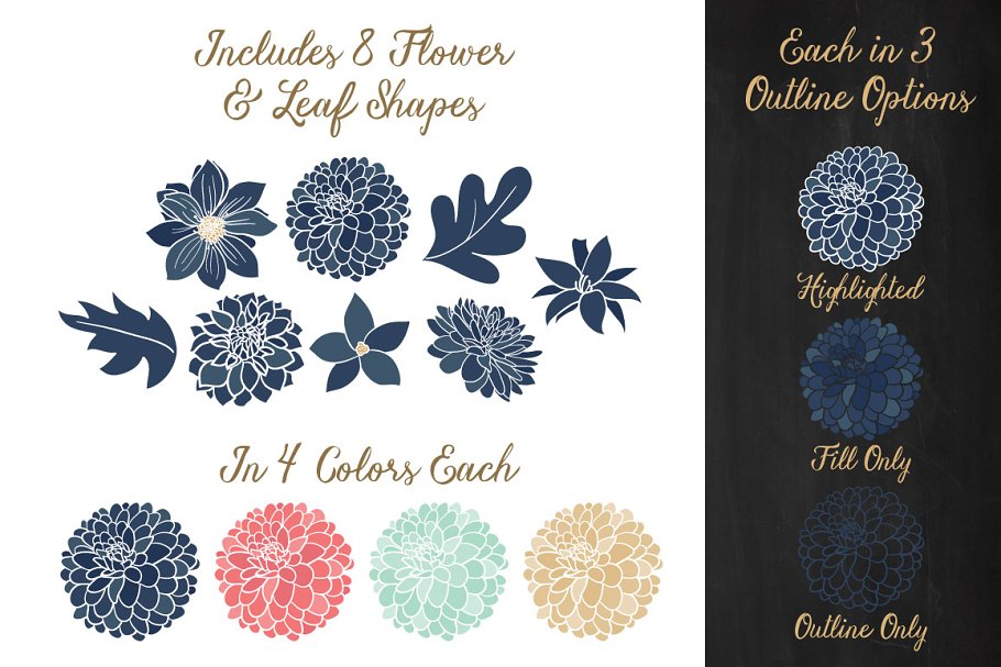 Includes a total of 96 flowers and leaves in my pretty Navy & Blush color theme.