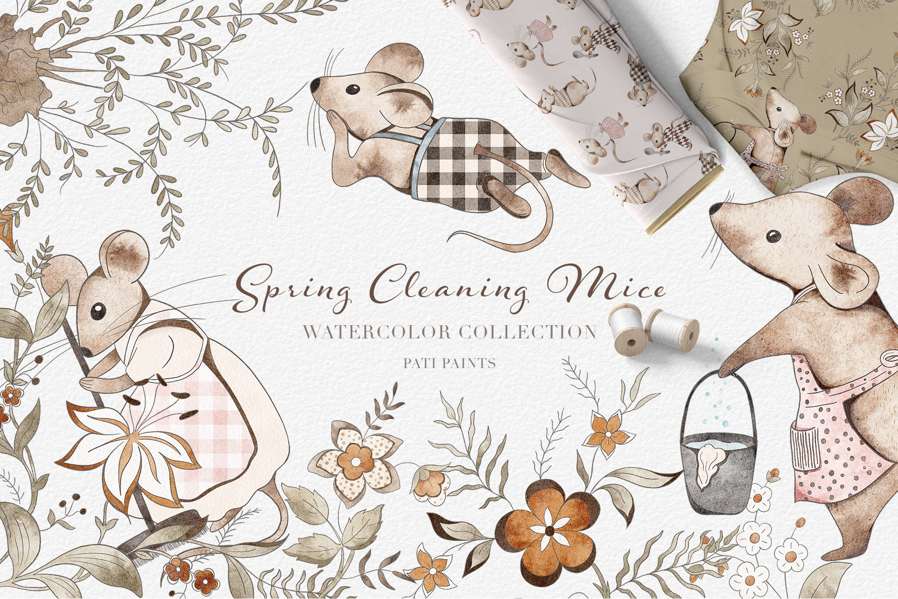 Watercolor Spring Cleaning Cute Mice Nursery Art Collection.