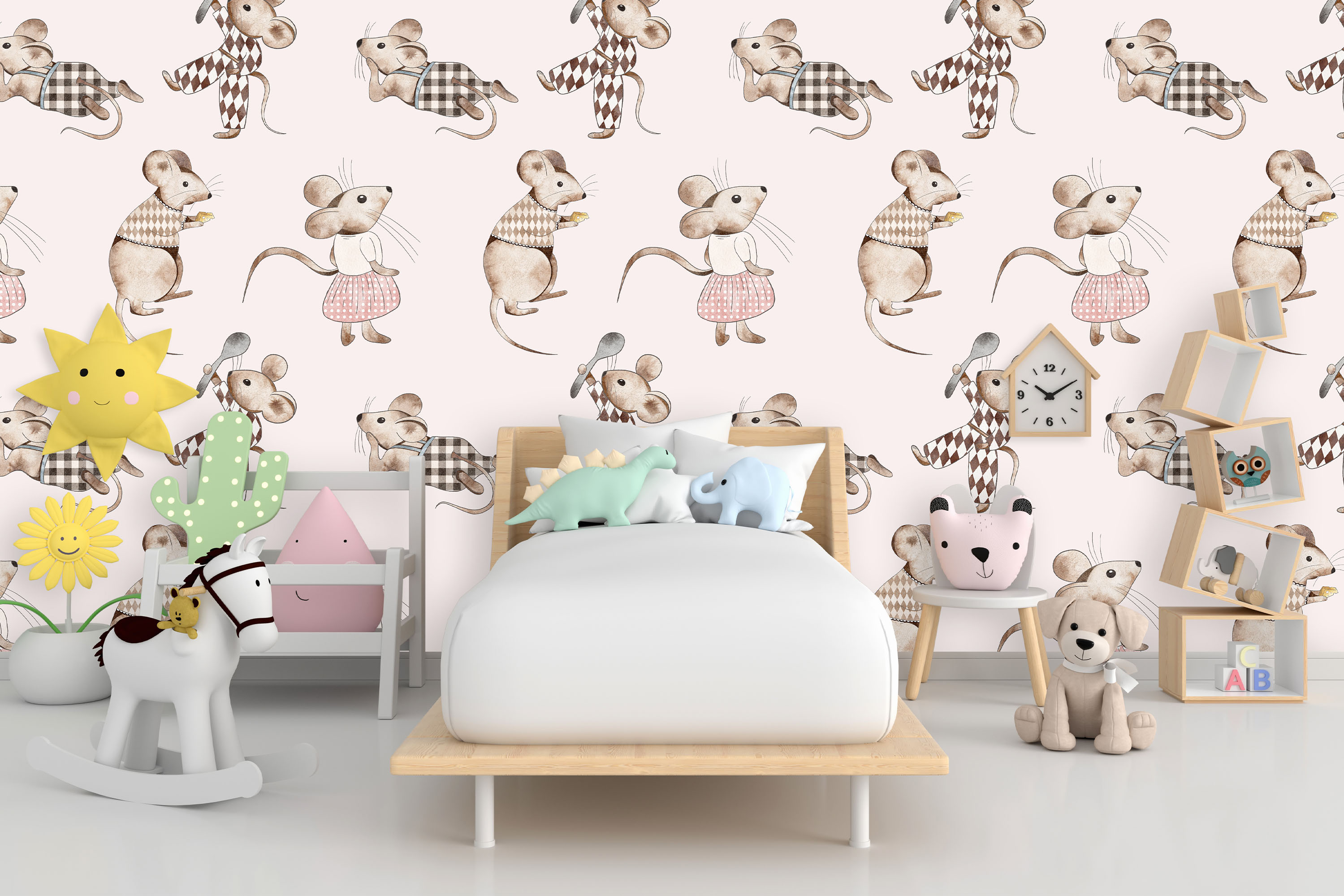Watercolor Spring Cleaning Cute Mice Nursery Art Collection mockup.
