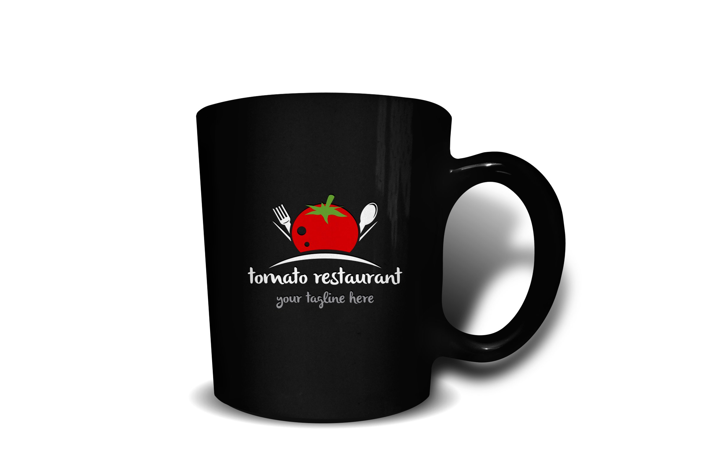 Black cup with a tomato logo.