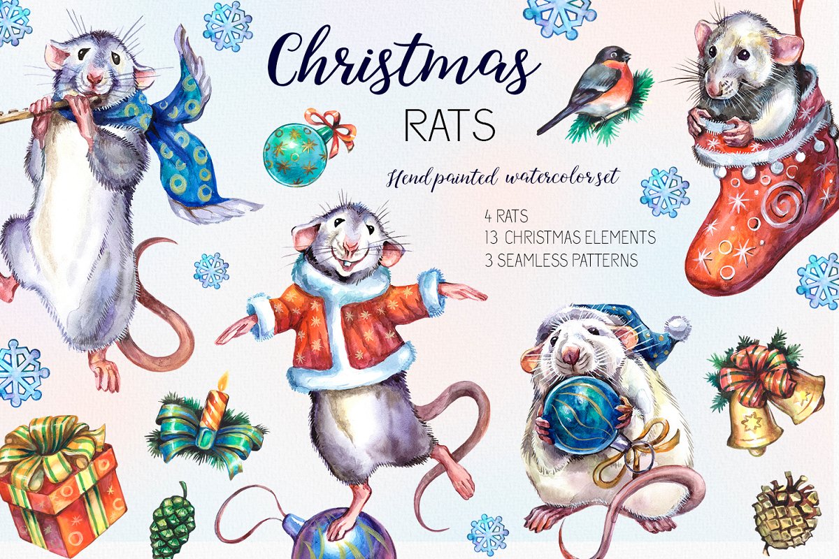Cover image of Christmas Rats Watercolor Set.