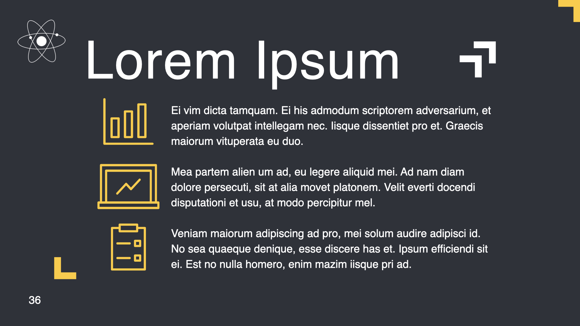 Nice slide with white font and yellow icons.