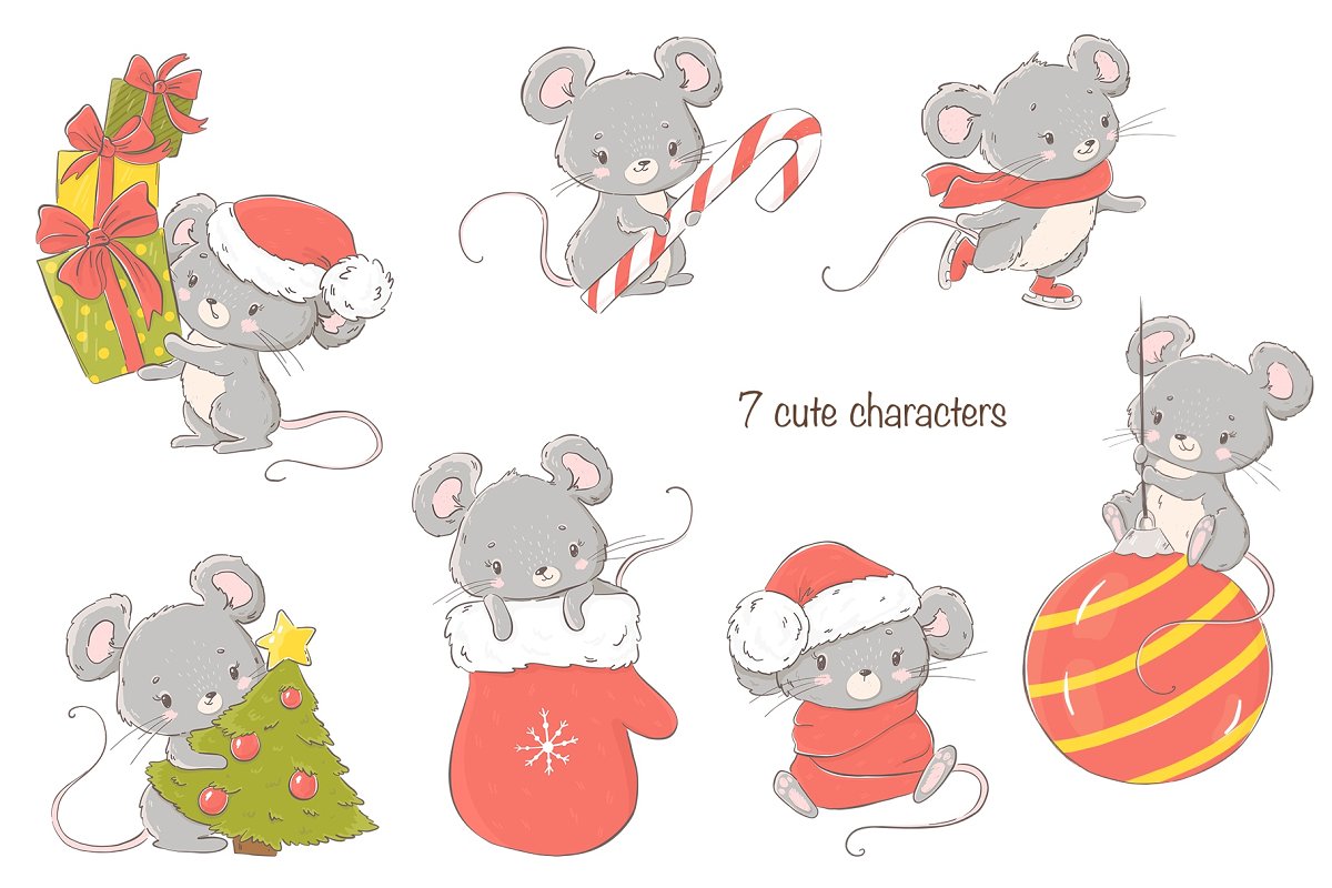 Graphic collection which includes 7 Christmas mice cute characters in PNG with transparent Background.