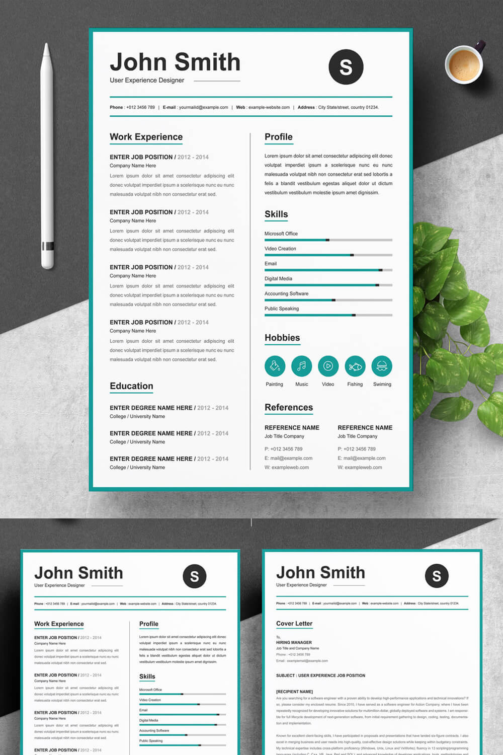Clean and professional resume template with a blue border.