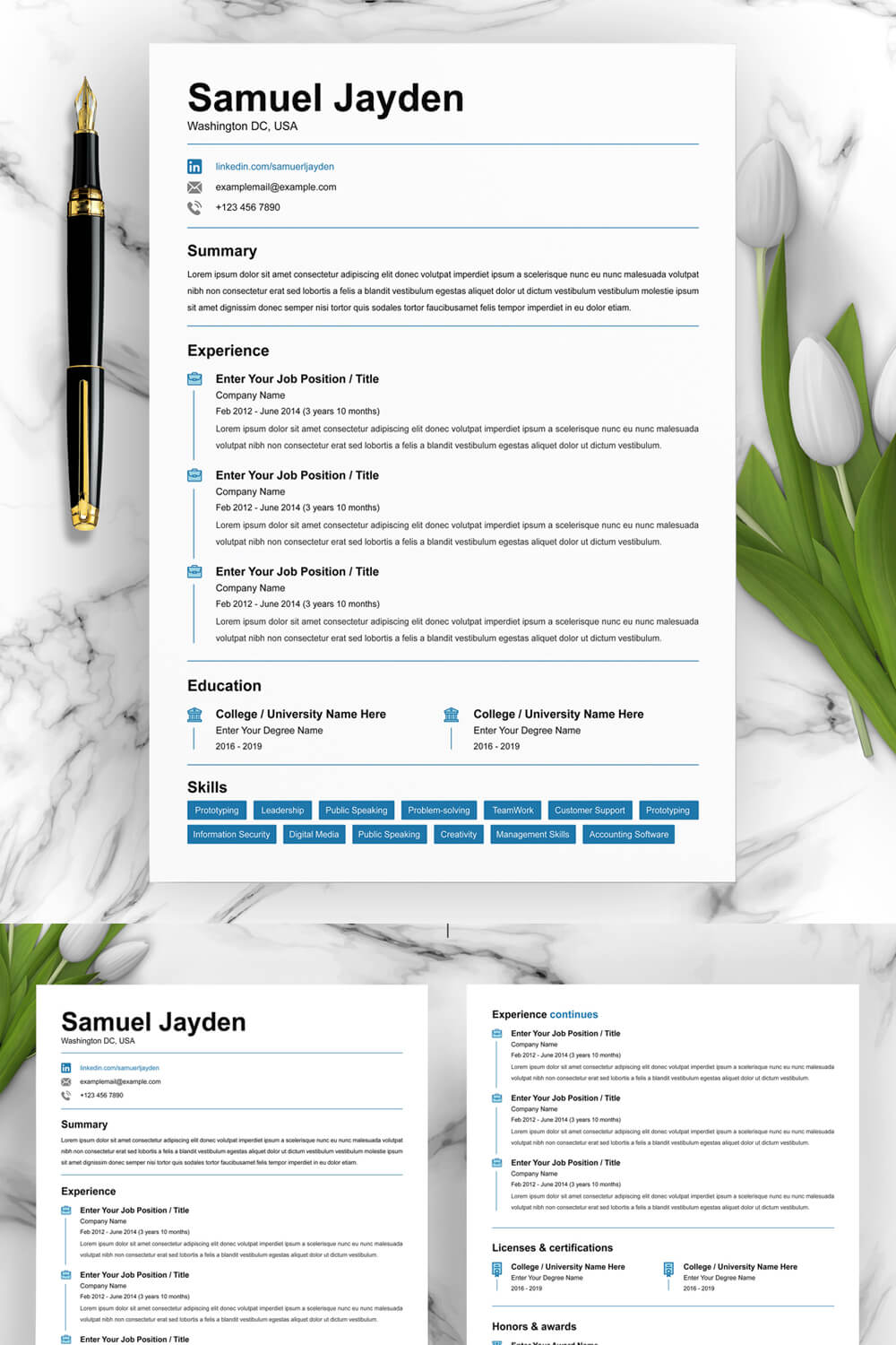 Clean and professional resume template with a blue border.