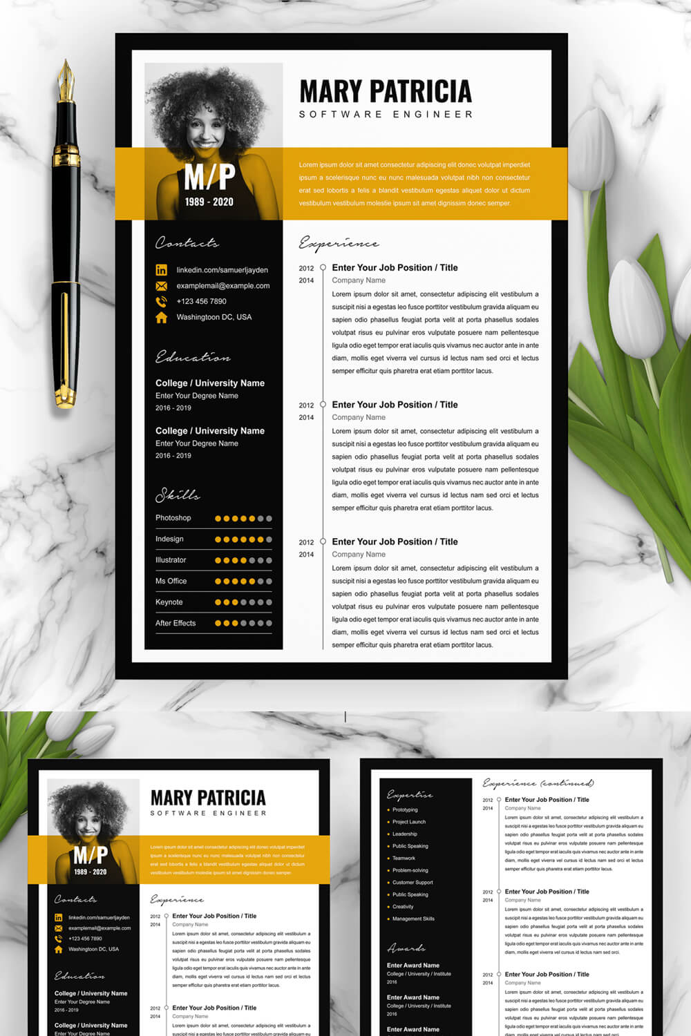 Black and yellow resume with a yellow accent.