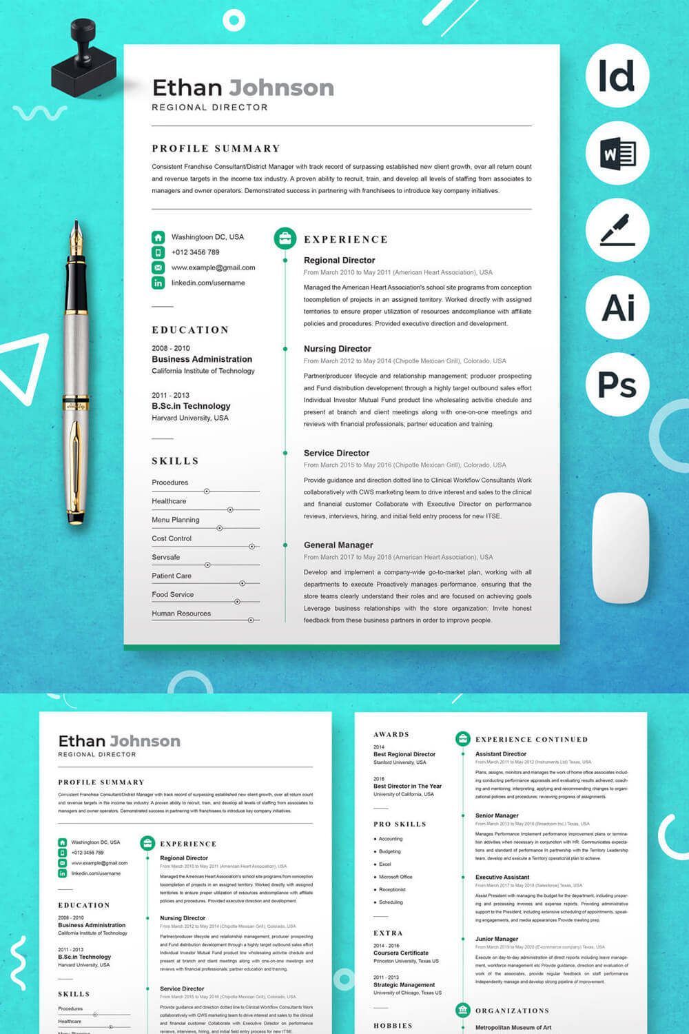 Blue and white resume template with icons.