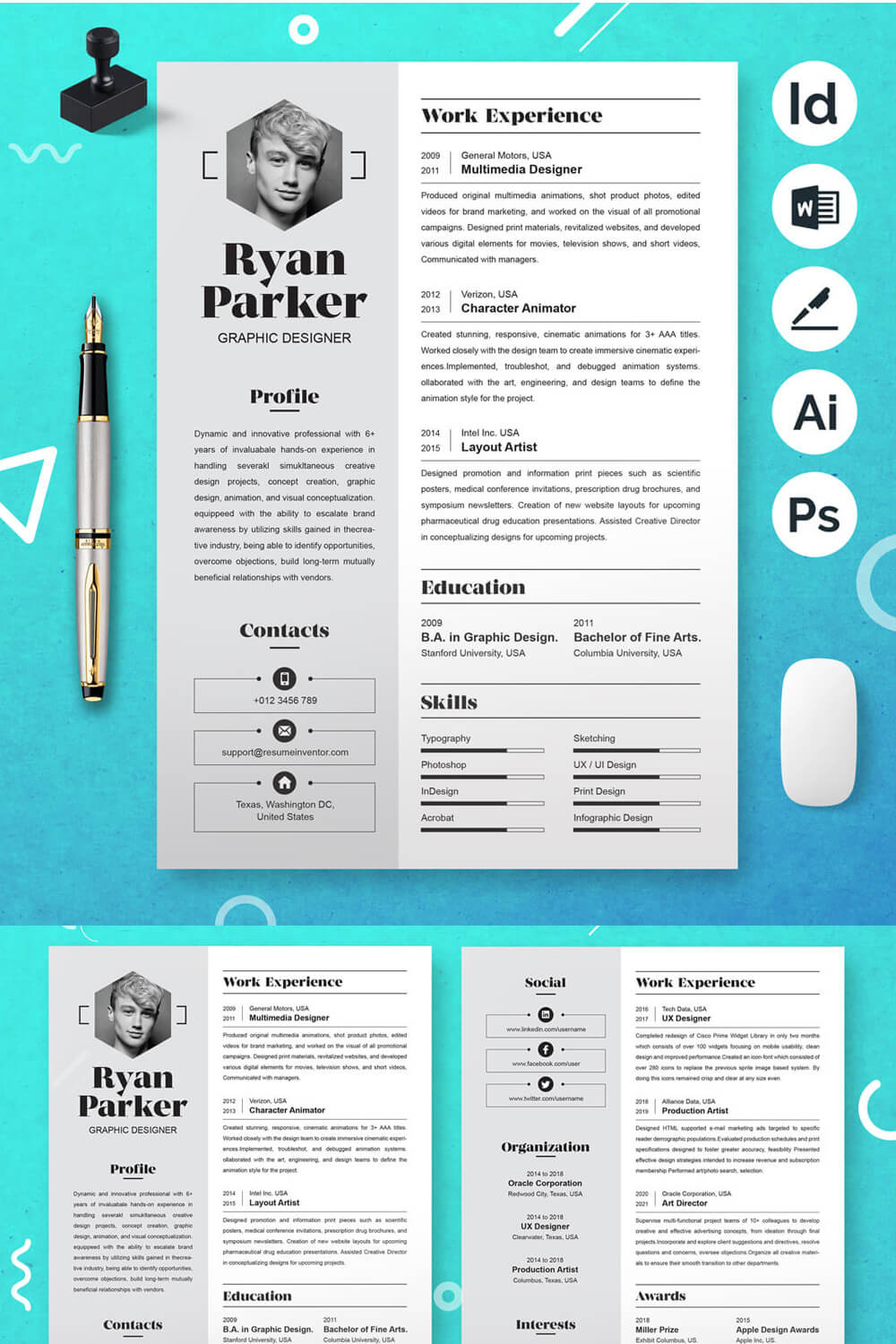 Clean and modern resume template with a blue background.