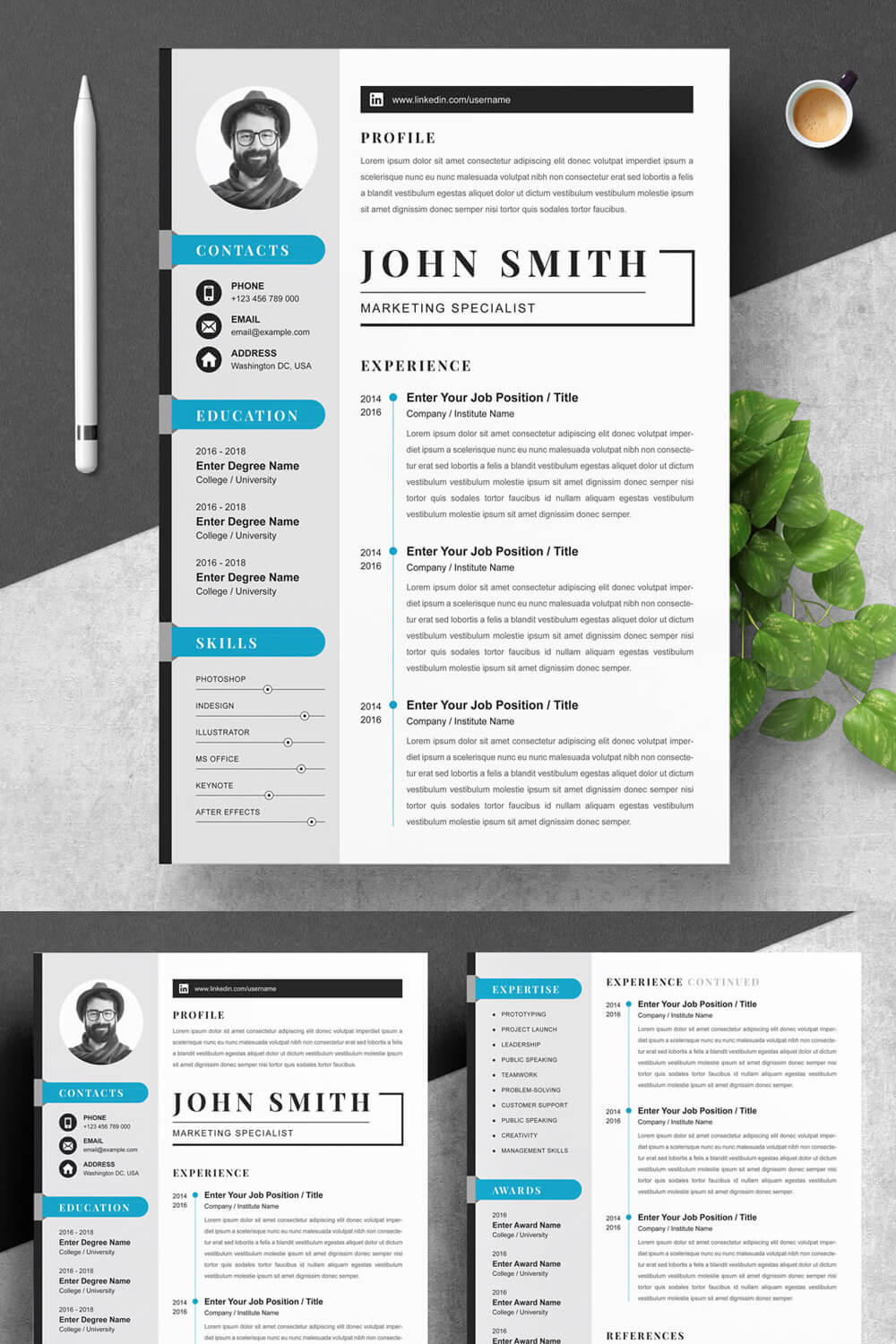 Clean and modern resume template with blue accents.