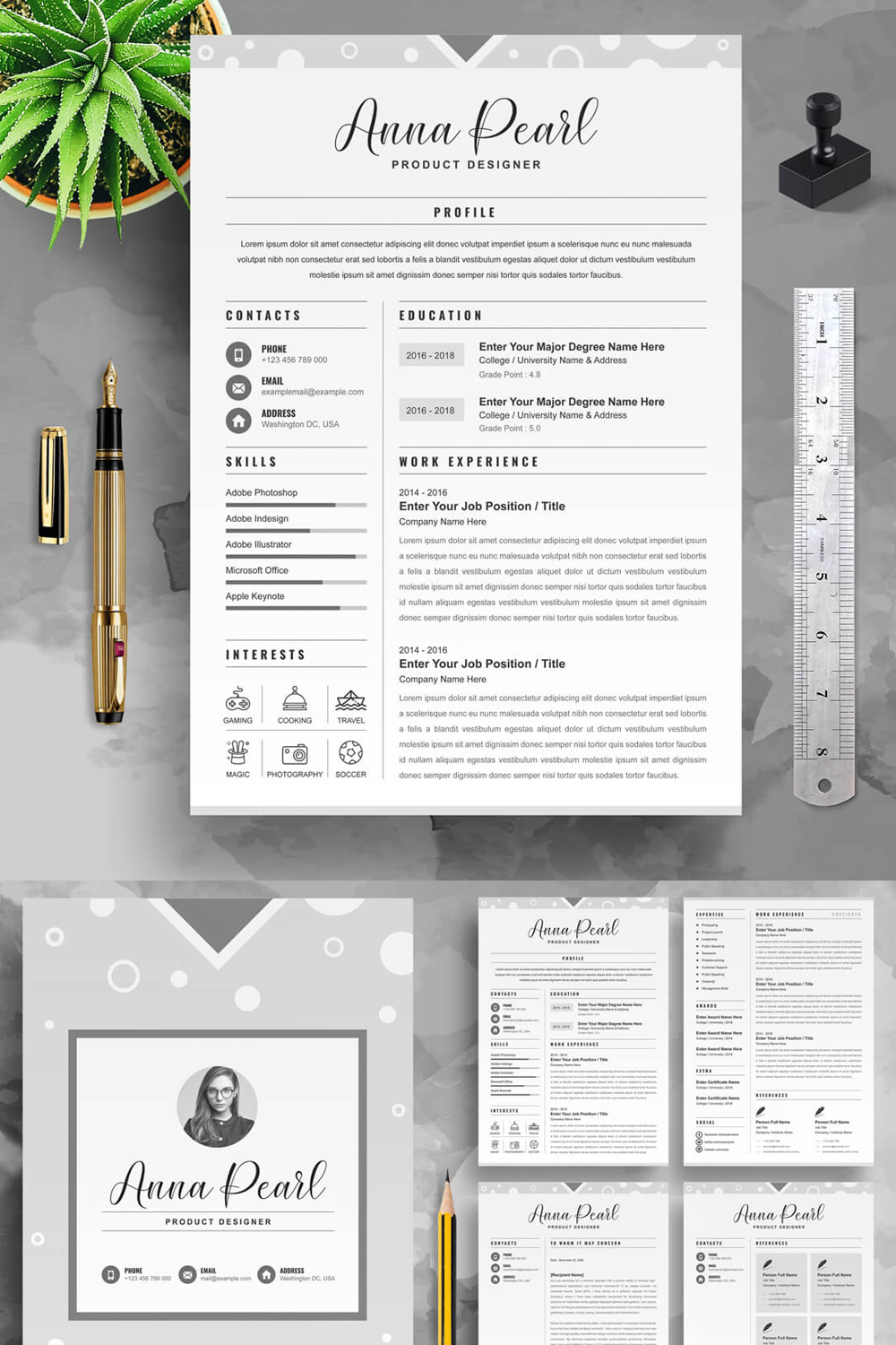 Professional resume template with a pen and pencil.