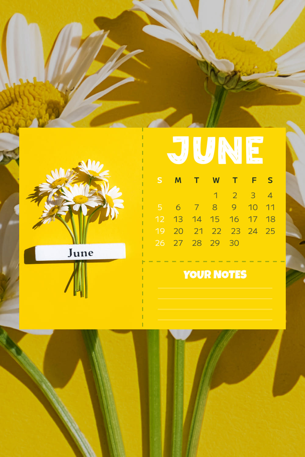 Yellow calendar with flowers for summer days.