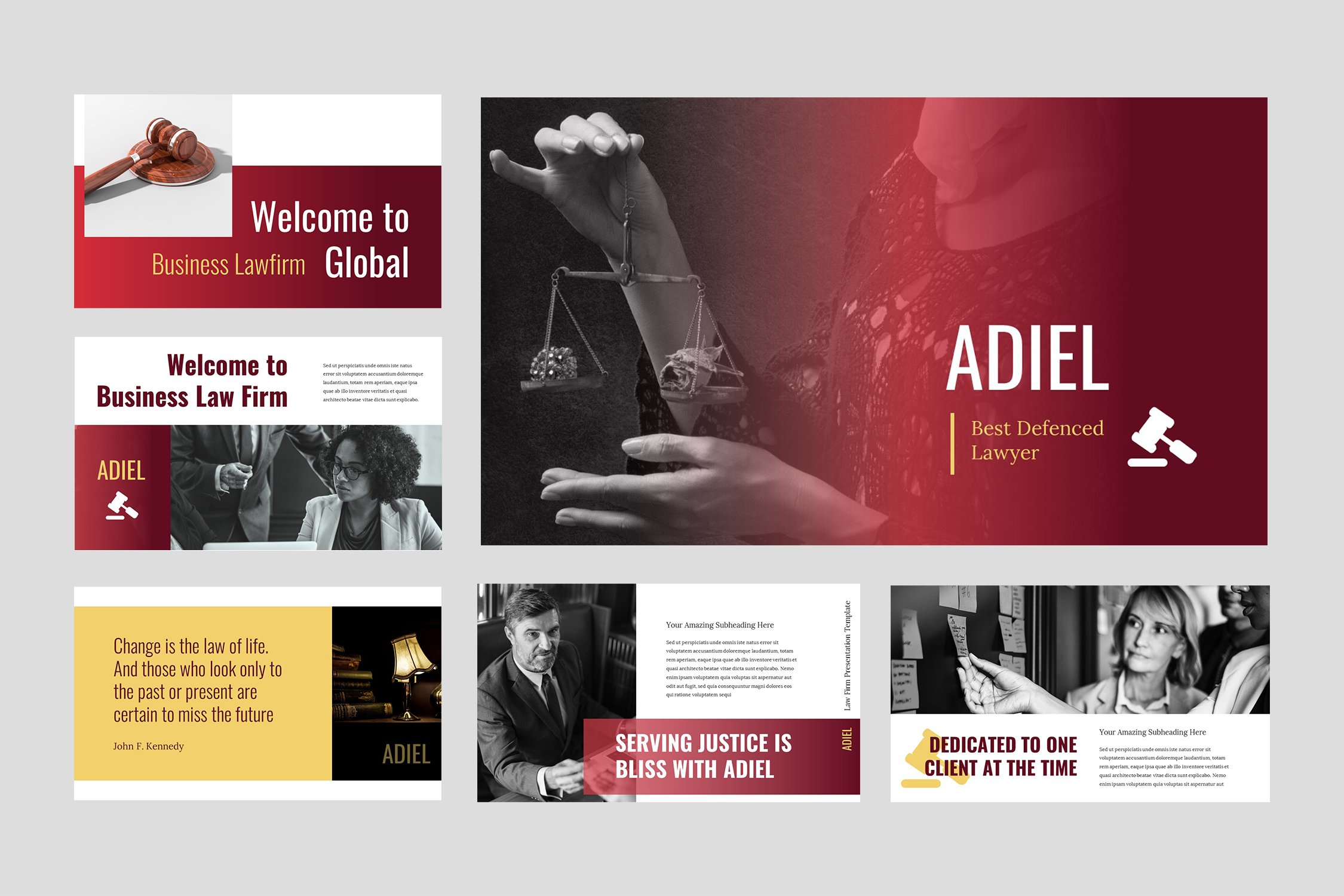Big red and yellow template for luxury lawyer topics.