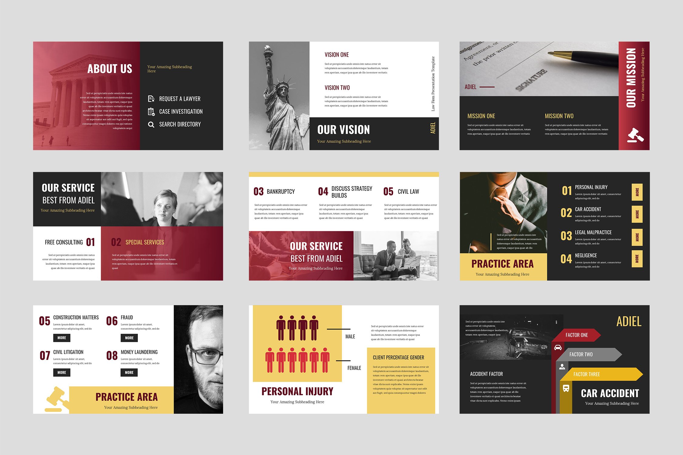 Slides include infographics and diagrams in red and yellow colors.