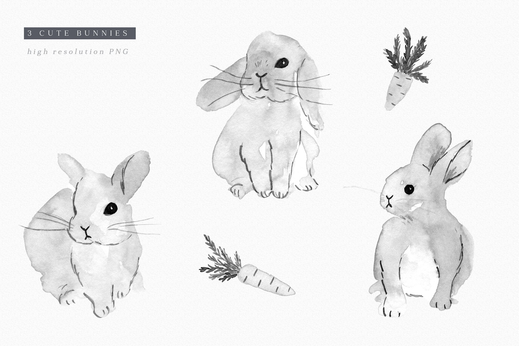 Grey watercolor rabbit for delicate composition.