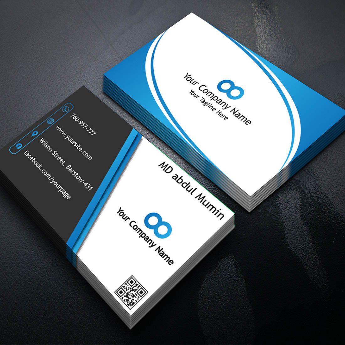 Blue Modern Outstanding Business Card Design Template preview image.