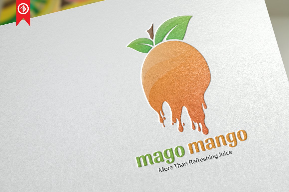 White mat paper with a colorful mango logo.