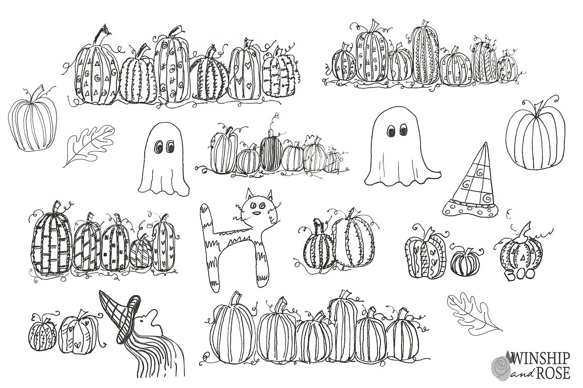 White background with black Halloween monsters.