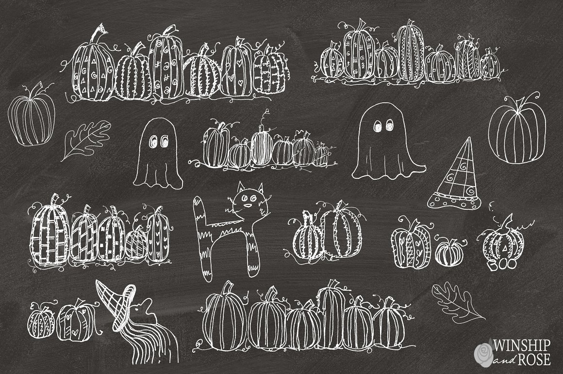 Dark grey background with white Halloween items.