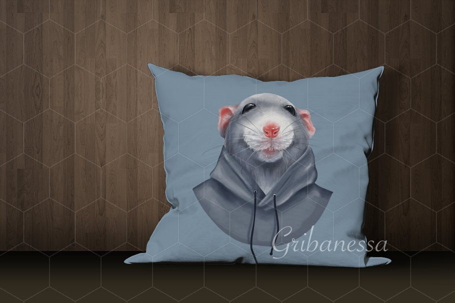 Pillow with funny rat character.