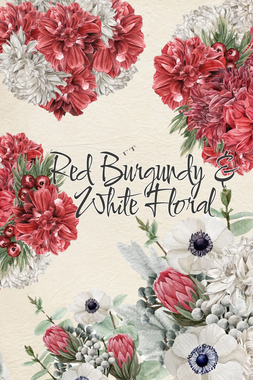 Red Burgundy & White Floral Clipart - preview image.