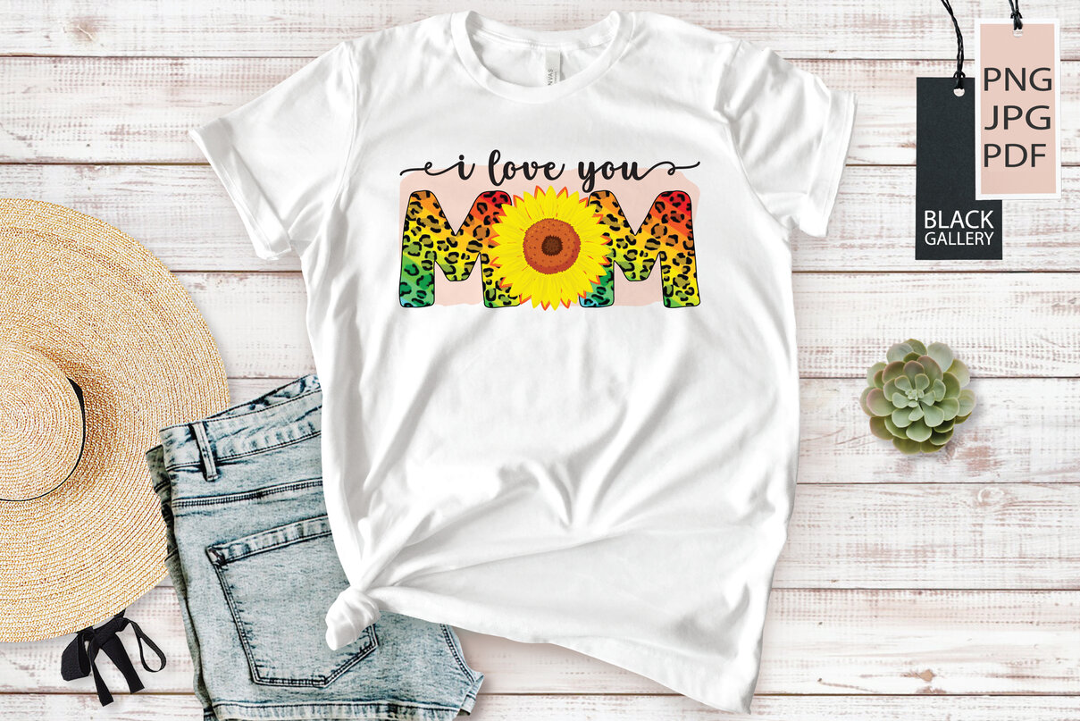 Colorful Mother’s Day graphic on the white t-shirt.
