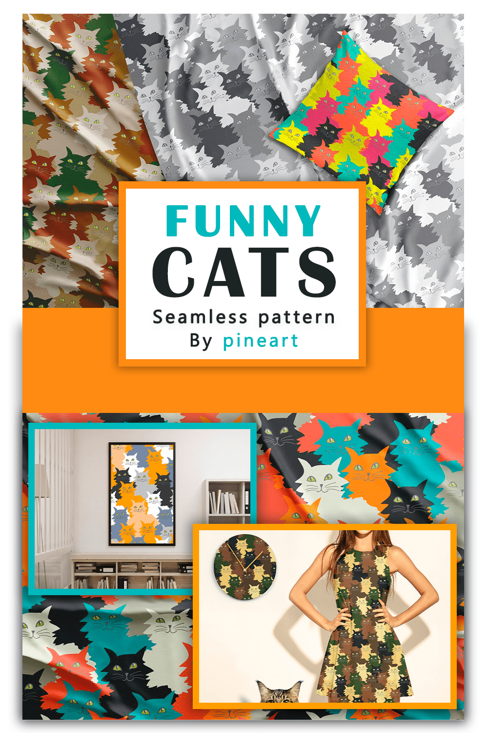 Funny cats illustration in different colors.