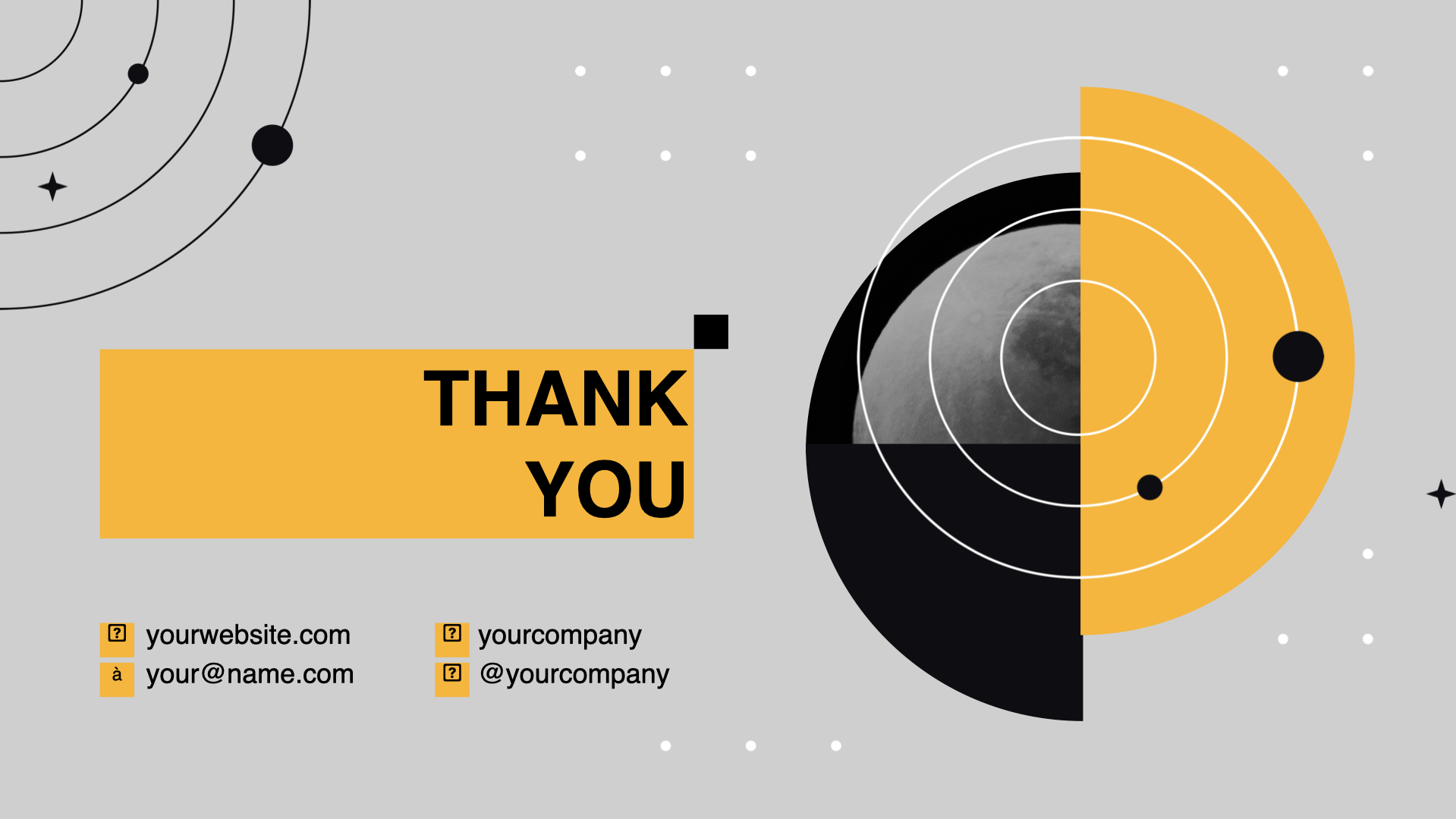 Gray slide with thank you words and yellow geometric lines.