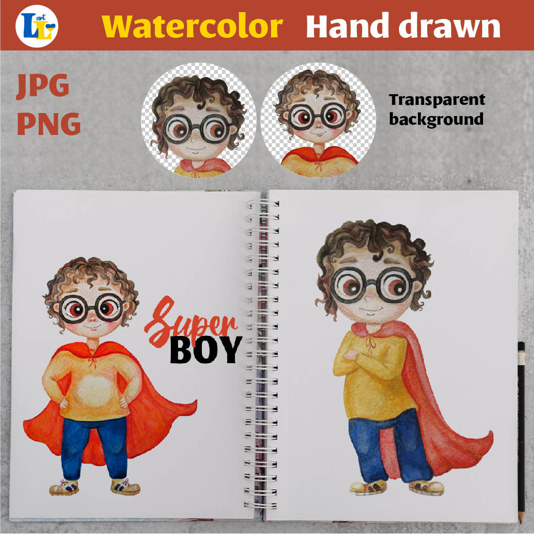 Watercolor Illustration of Cute Superhero Boys potter.