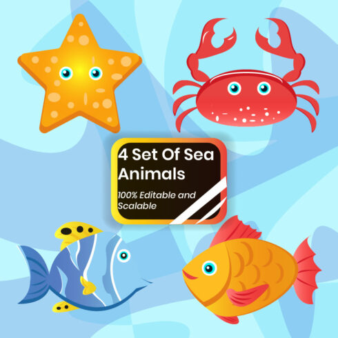 4 Sea Animals cartoon character - only $ 13 - MasterBundles