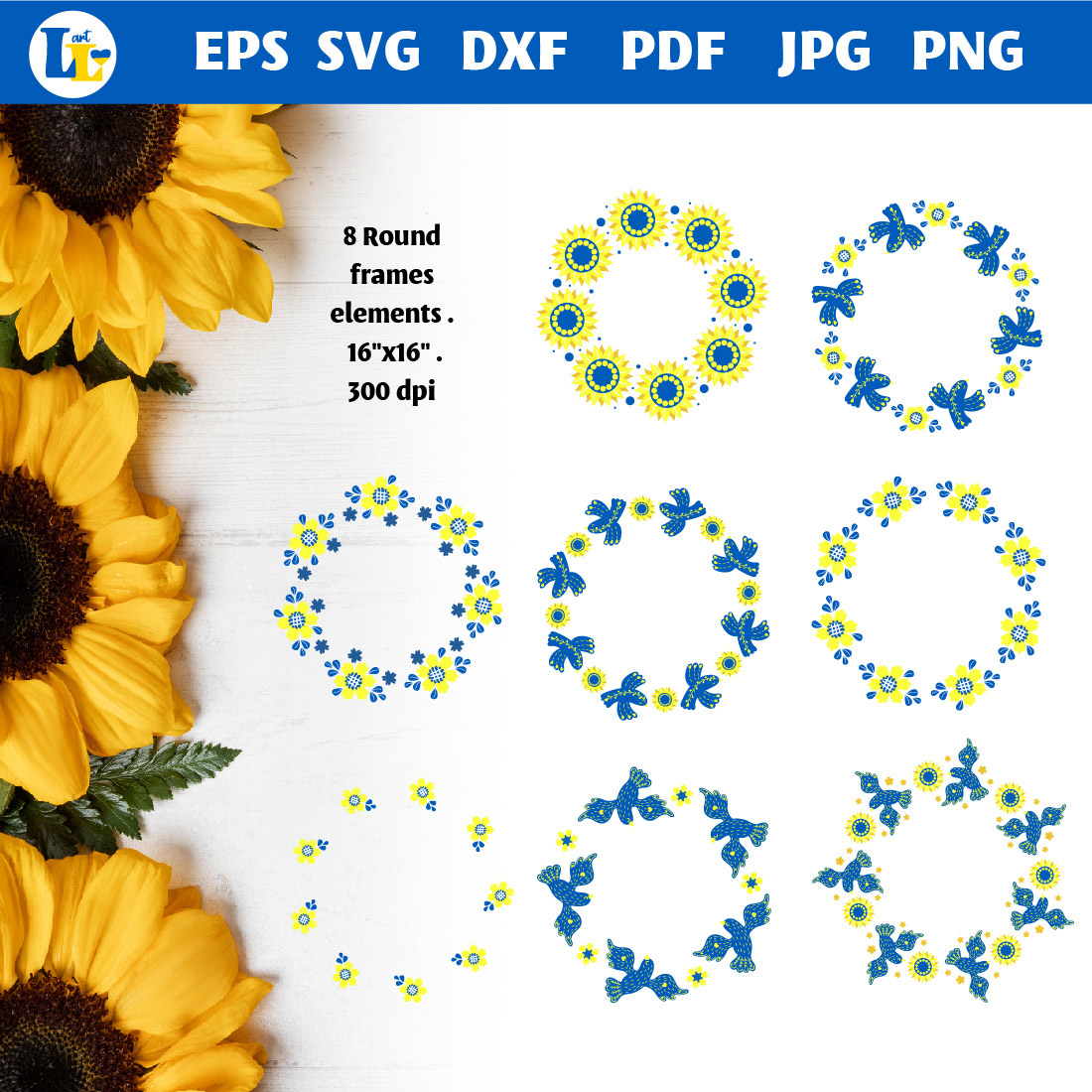 Round Frames with Yellow-Blue Birds and Sunflowers