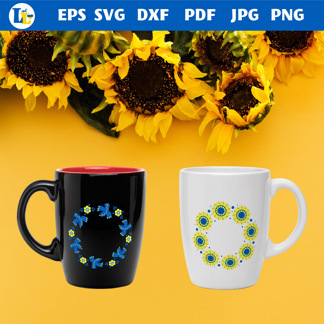 Round Frames with Yellow-Blue Birds and Sunflowers cup mockups.