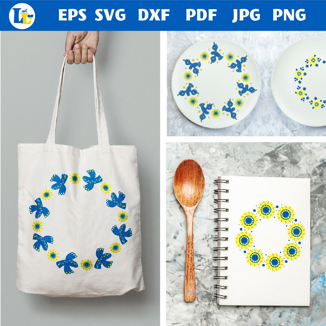 Round Frames with Yellow-Blue Birds and Sunflowers shopper.