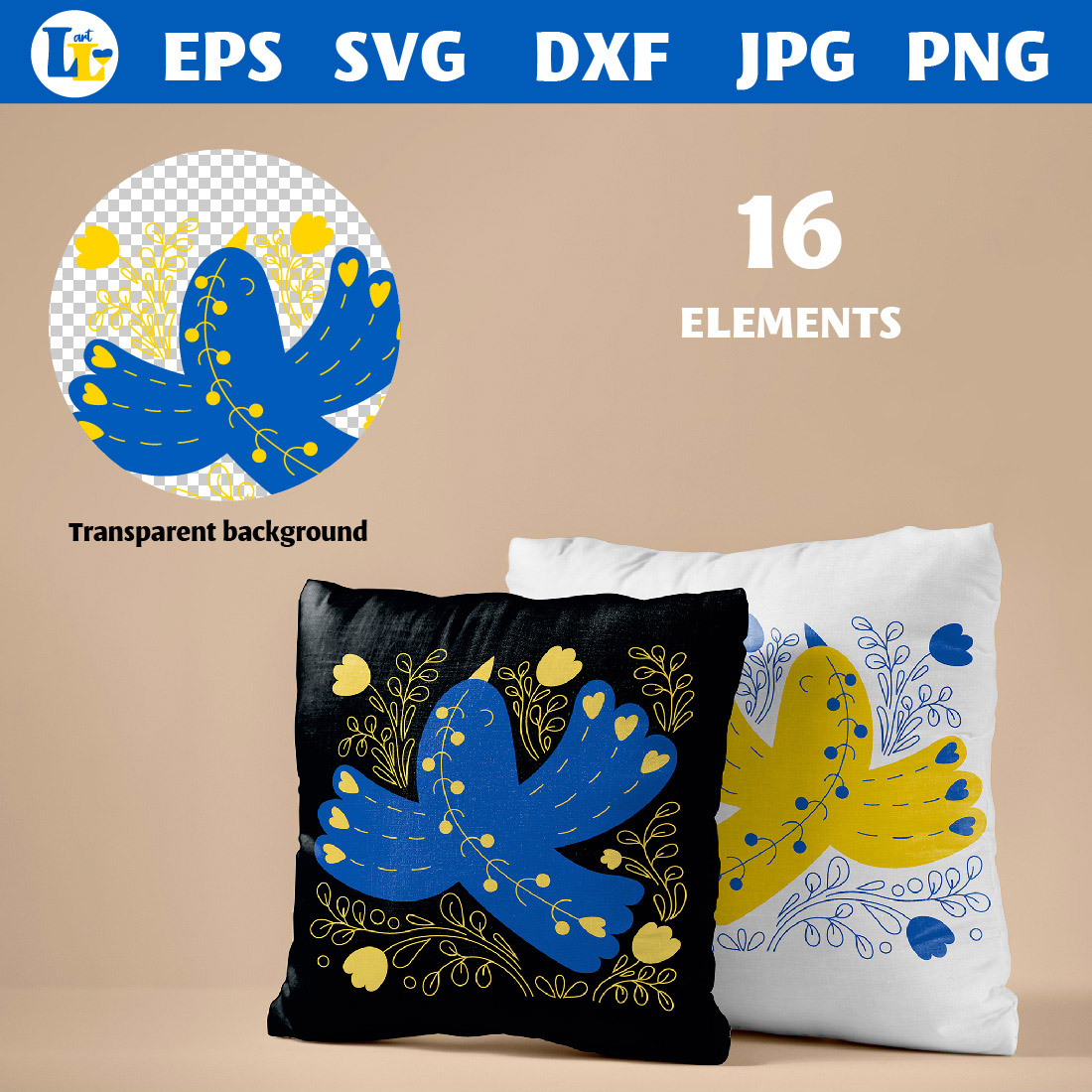 Decorative Birds in Yellow-Blue Volors of Ukrainian Flag pillows.