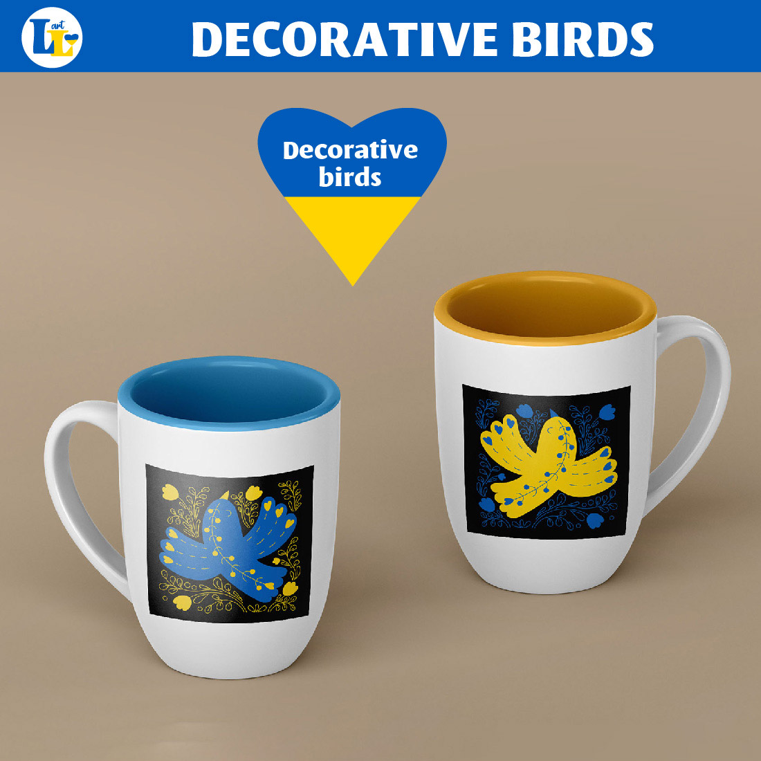Decorative Birds in Yellow-Blue Volors of Ukrainian Flag cups.