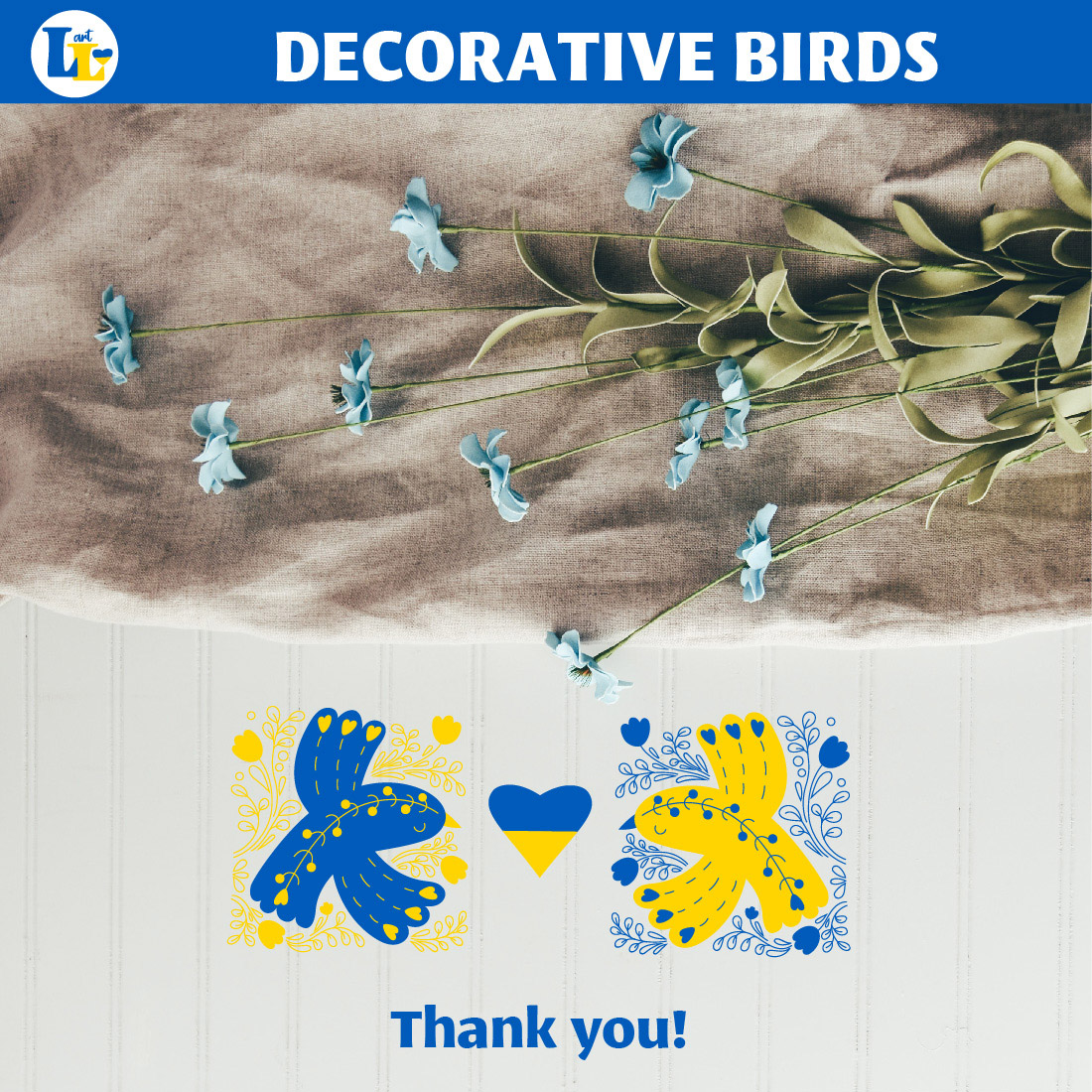 Decorative Birds in Yellow-Blue Volors of Ukrainian Flag