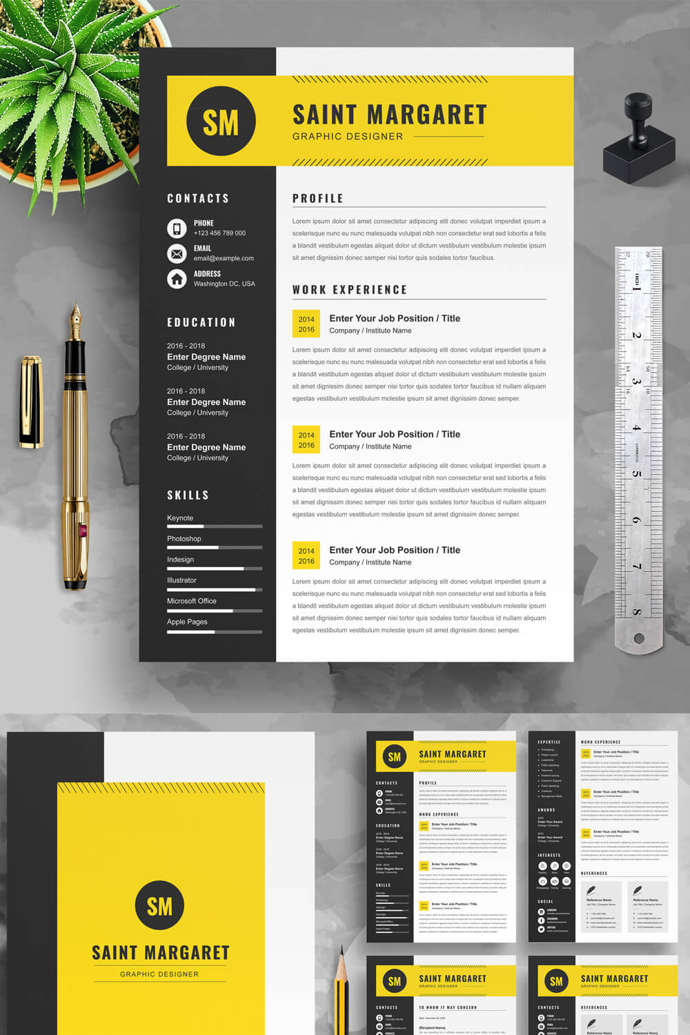 Yellow and black resume and cover letter.
