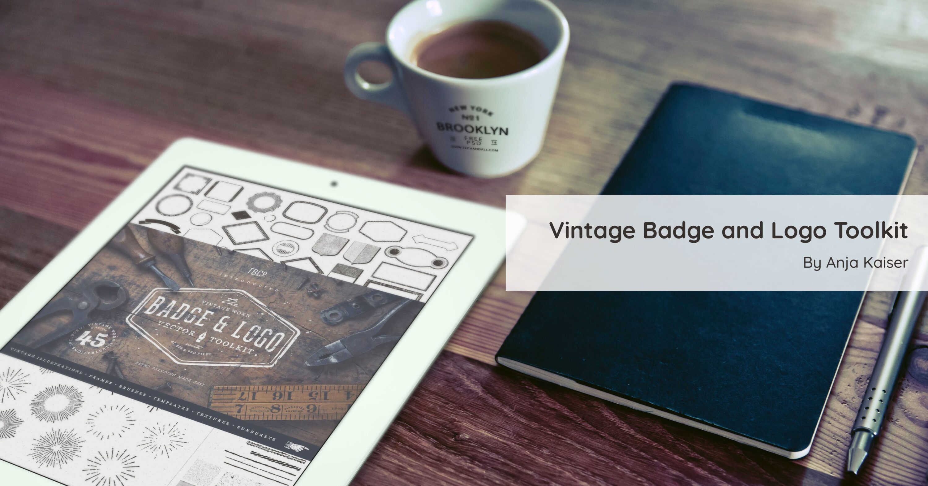 Vintage Badge and Logo Toolkit - coffee and tablet.