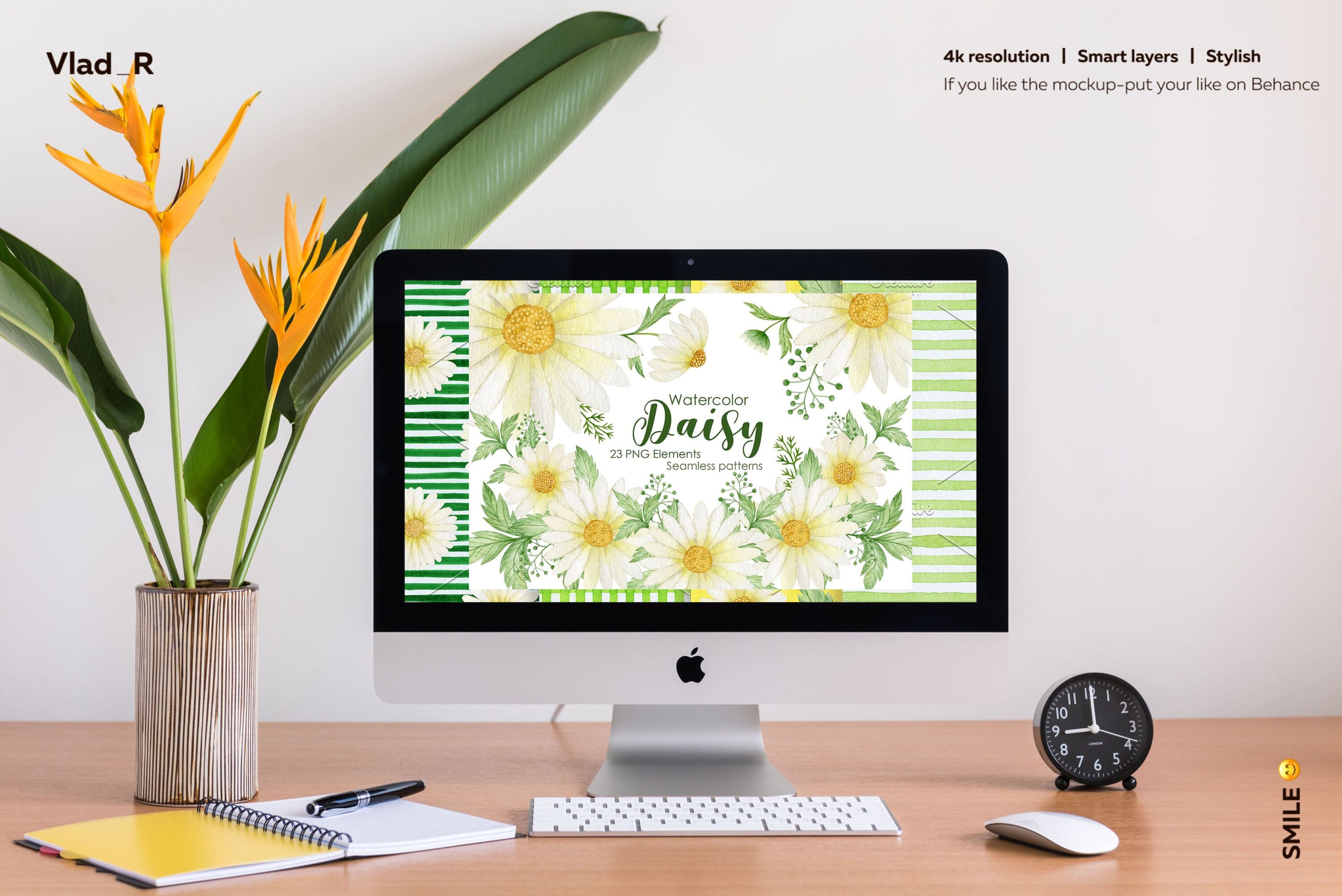 Watercolor Daisy. Seamless Patterns. - desktop.