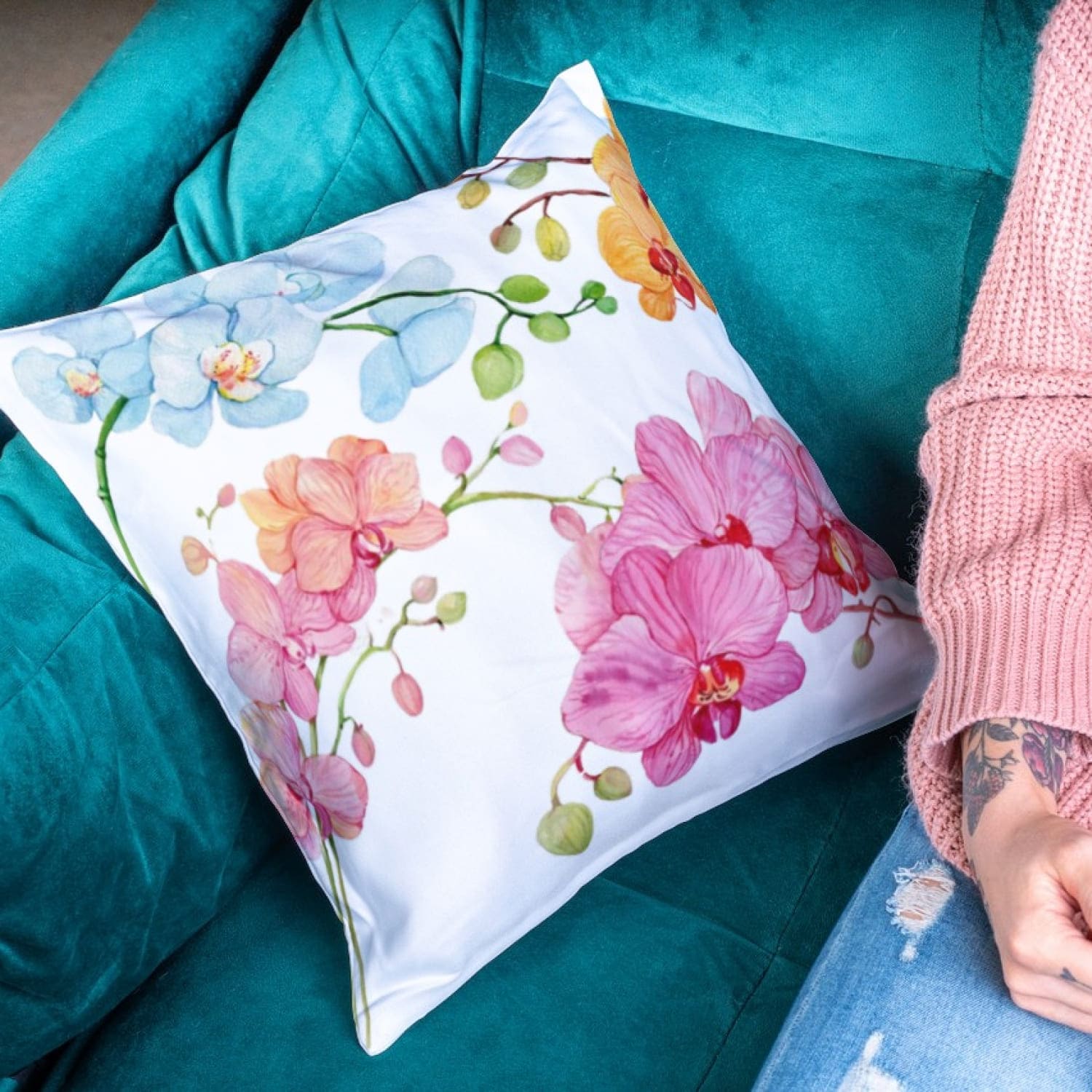 Pillow with watercolor orchids.